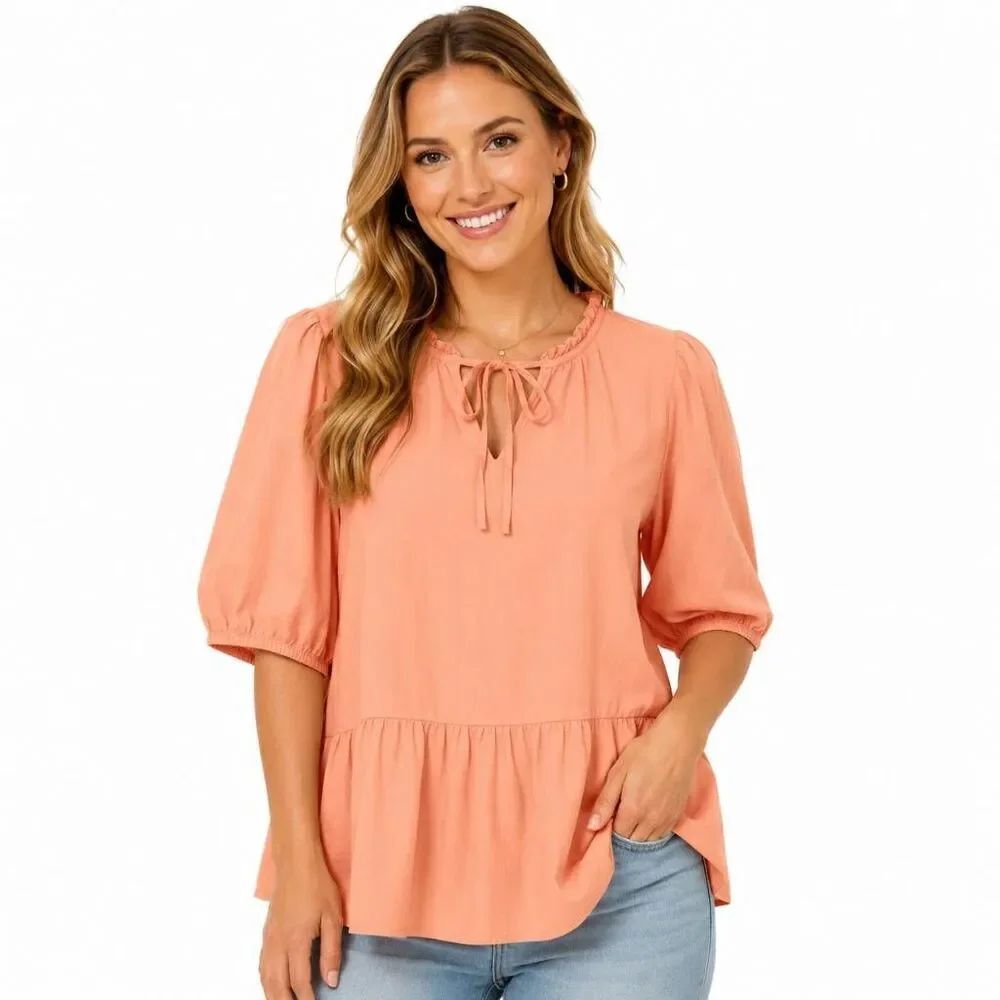 LOFT Outlet Peach Peplum Blouse Tie Neck Puff Sleeve S